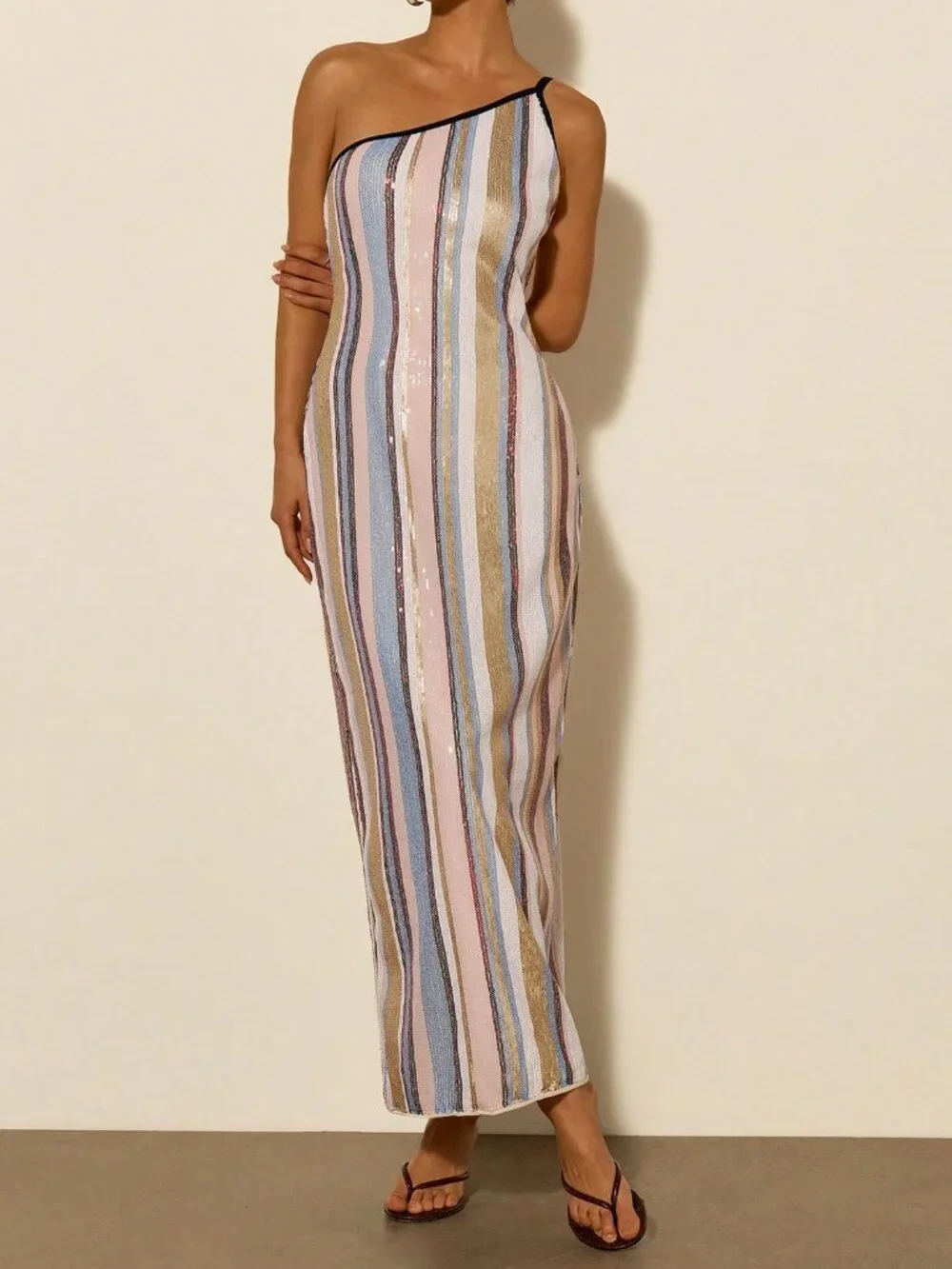 Elegant Women's Asymmetric Neck Jacquard Sequin Maxi Beach Party Dress - Picture 3 of 7